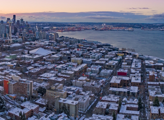 Seattle Washington Skyline Colorful Skies Aerial View Panoramic