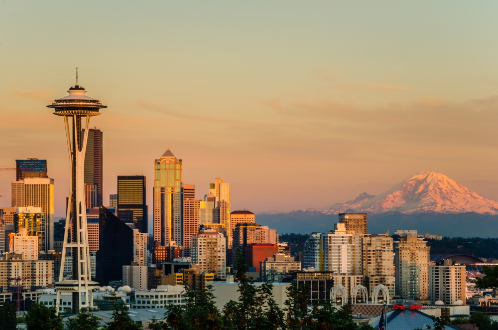 Sunset over Seattle and Mount Rainier